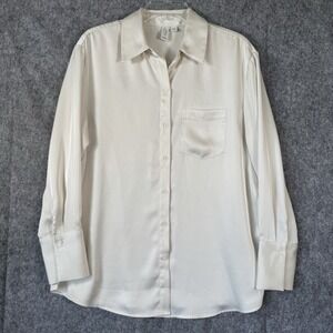 Joie Ivory Satin Button Up Shirt Womens Large Collared Minimalist Career Classy